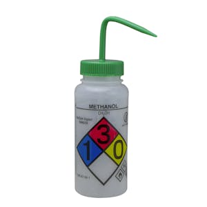500mL Methanol GHS Labeled Right-to-Know, Vented Wash Bottle with Green Dispensing Nozzle