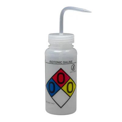 500mL Isotonic Saline GHS Labeled Right-to-Know, Vented Wash Bottle with Natural Dispensing Nozzle