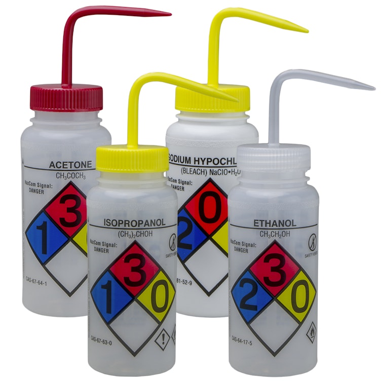 500mL GHS Labeled Right-to-Know, Vented Wash Bottles (Acetone, Isopropanol, Bleach & Ethanol)