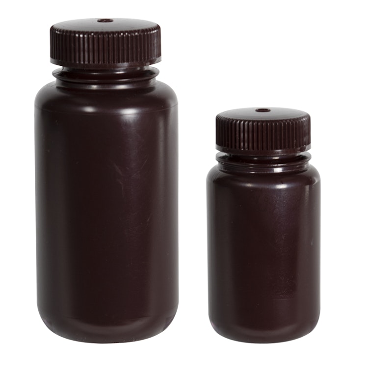 16 oz./500mL Nalgene™ Amber HDPE Wide Mouth Economy Bottles with 53mm Caps - Case of 48