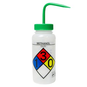500mL (16 oz.) Scienceware® Methanol Wide Mouth Safety-Labeled Wash Bottle with Green Dispensing Nozzle