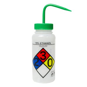500mL (16 oz.) Scienceware® 70% Ethanol Wide Mouth Safety-Labeled Wash Bottle with Green Dispensing Nozzle