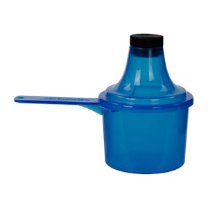 90cc Blue Polypropylene Scoop with Attached Funnel & Cap