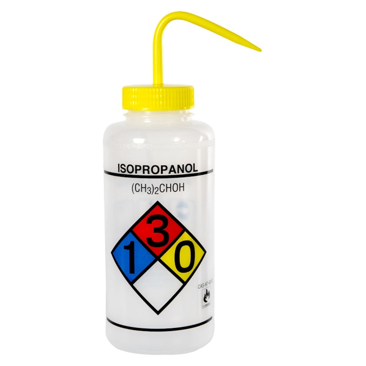 1000mL (32 oz.) Scienceware® Isopropanol Wide Mouth Safety-Labeled Wash Bottle with Yellow Dispensing Nozzle