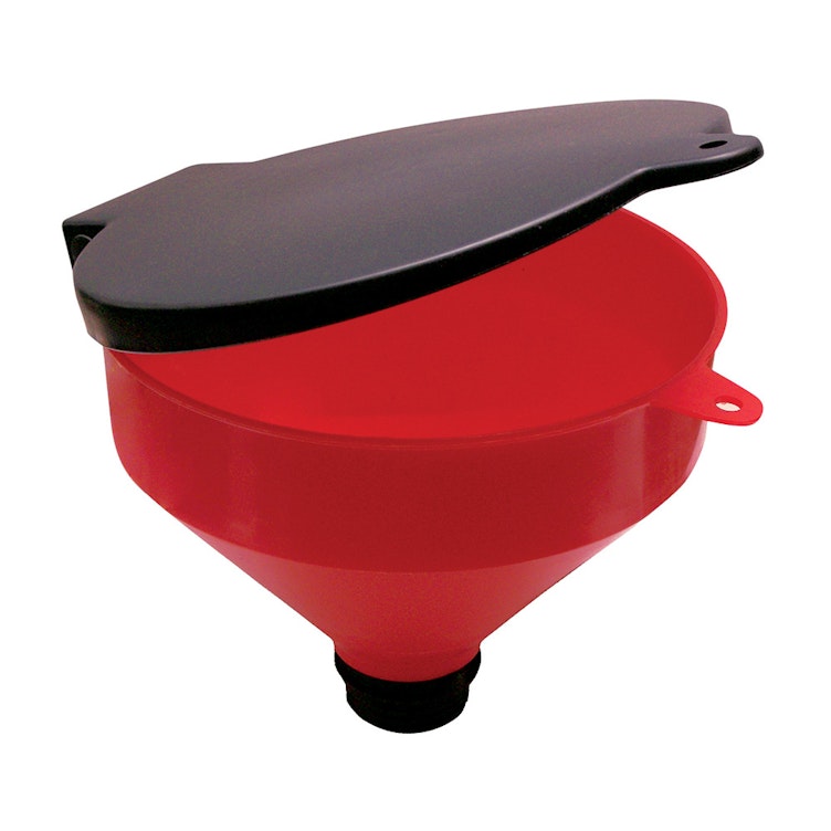 4 Quart Red Polypropylene Drum Funnel with Black Lockable Lid