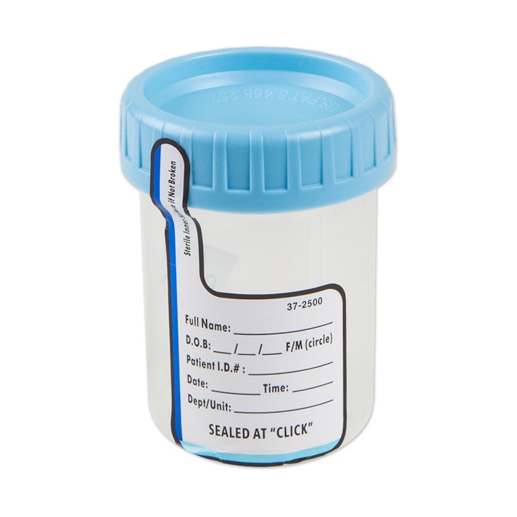 3 oz. Sterile Natural Polypropylene Specimen Cup with Blue HDPE Cap - Individually Wrapped; Case of 100