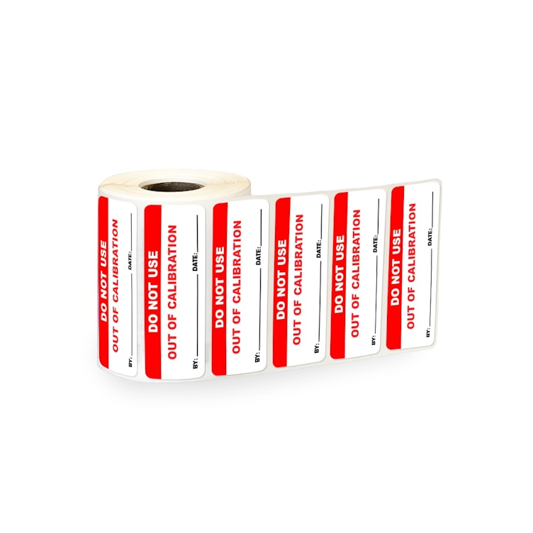 "Do Not Use - Out of Calibration" with "By __" & "Date __" Rectangular Water-Resistant Polypropylene Write-On Label with Red Header - 3" x 1"