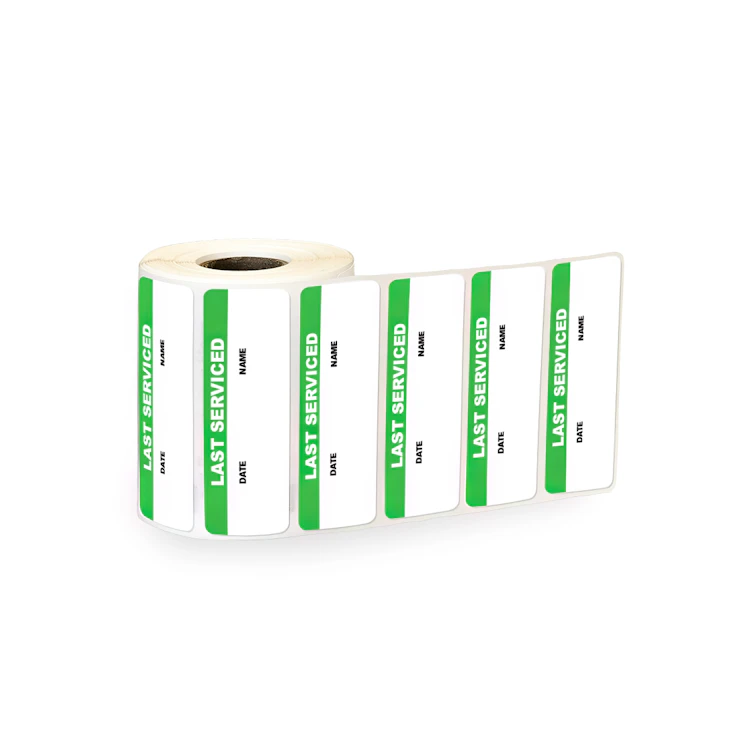 "Last Serviced" with "Date" & "Name" Blocks Rectangular Water-Resistant Polypropylene Write-On Label with Green Header - 3" x 1"