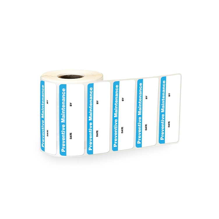 "Preventative Maintenance" with "Date" & "By" Blocks Rectangular Water-Resistant Polypropylene Write-On Label with Blue Header - 3" x 1"