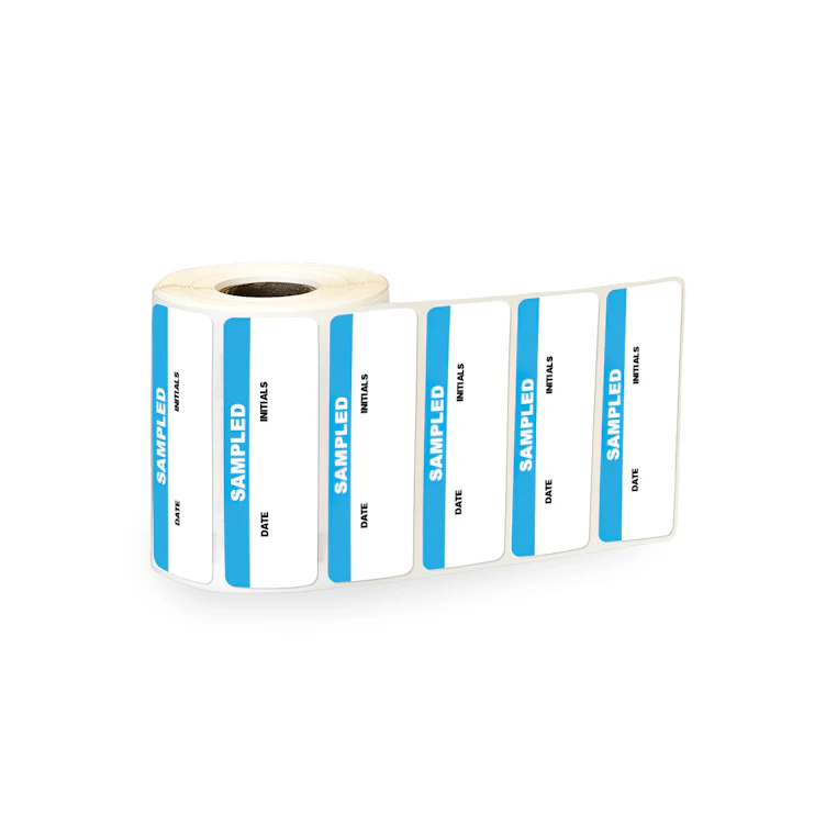 "Sampled" with "Date" & "Initials" Blocks Rectangular Water-Resistant Polypropylene Write-On Label with Blue Header - 3" x 1"