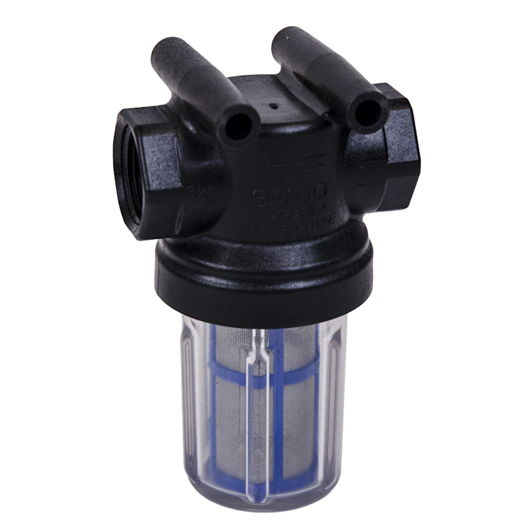 3/4" FNPT x 3/4" FNPT Banjo® Black Fiberglass-Reinforced Polypropylene & Clear Bowl Strainer with Blue 50 Mesh Screen