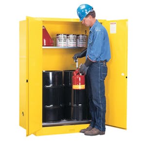 60 Gallon Manual-Close Justrite® Sure-Grip® EX Single Vertical Drum Cabinet with Roller Assembly