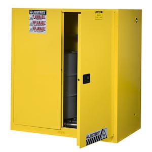60 Gallon Self -Close Justrite® Sure-Grip® EX Single Vertical Drum Cabinet with Roller Assembly