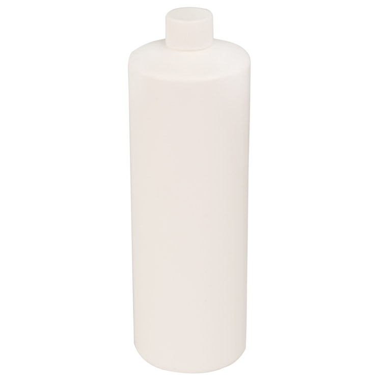 32 oz. White HDPE Cylindrical Sample Bottle with 28/410 White Ribbed Cap with F217 Liner