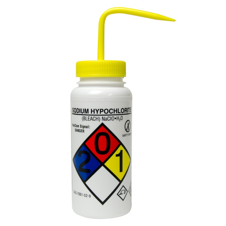 500mL (16 oz.) Scienceware® Sodium Hypochlorite Wide Mouth Safety-Labeled Wash Bottle with Yellow Dispensing Nozzle