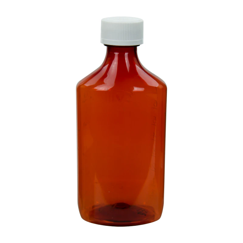 8 oz. Amber PET Oval Liquid Bottle with 24/400 White CRC Cap
