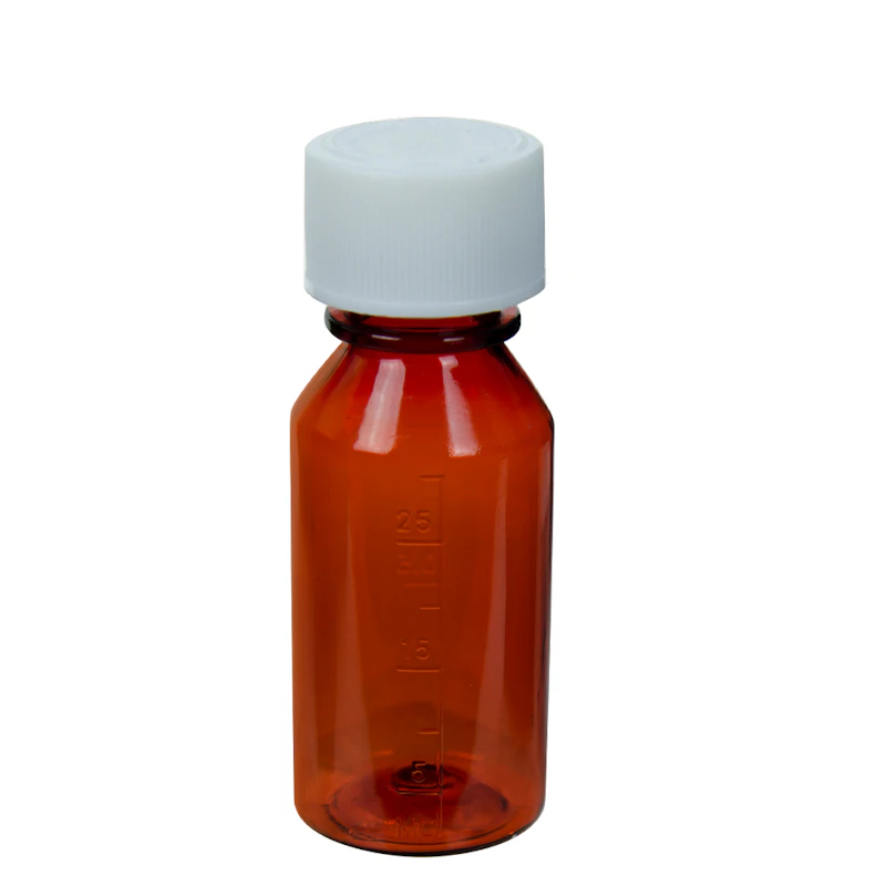 1 oz. Reddish Amber PET Round Graduated Liquid Bottle with 20/400 White CRC Cap