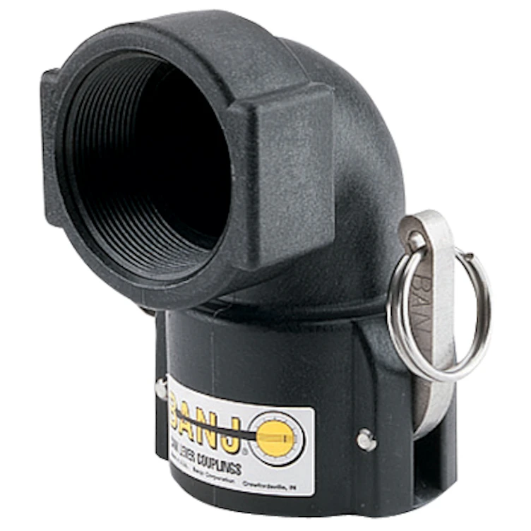 1-1/2" Female Coupler x 1-1/2" FNPT Banjo® Black Fiberglass-Reinforced Polypropylene Cam Lever 90° Elbow