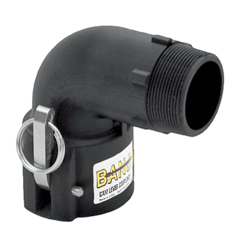 2" Female Coupler x 2" MNPT Banjo® Black Fiberglass-Reinforced Polypropylene Cam Lever 90° Elbow