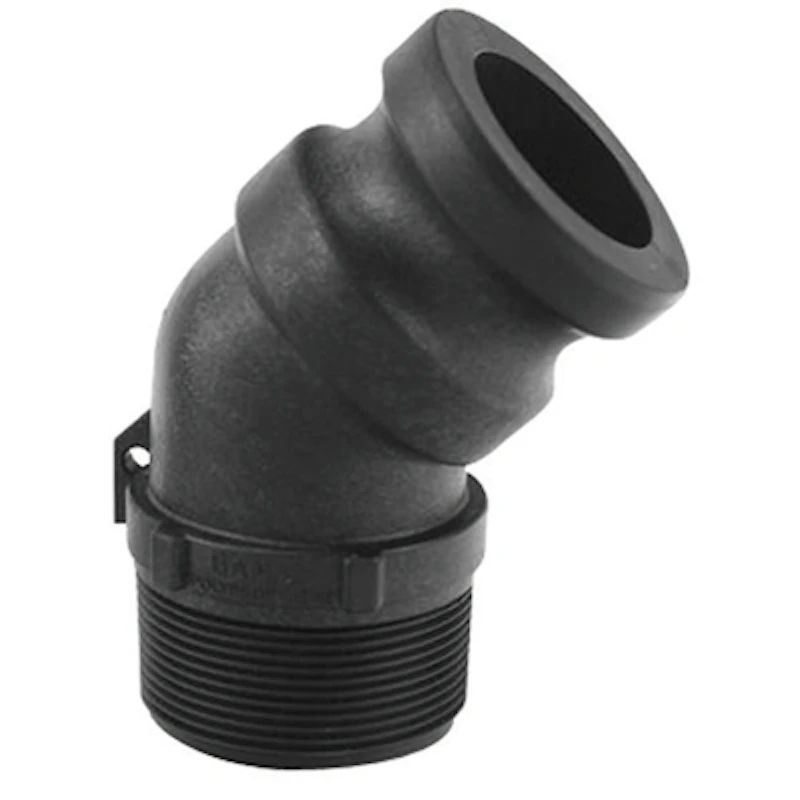 2" Male Adapter x 2" MNPT Banjo® Black Fiberglass-Reinforced Polypropylene Cam Lever 45° Elbow