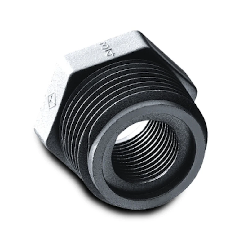 3/4" MNPT x 1/2" FNPT Black Polypropylene Reducer Bushing