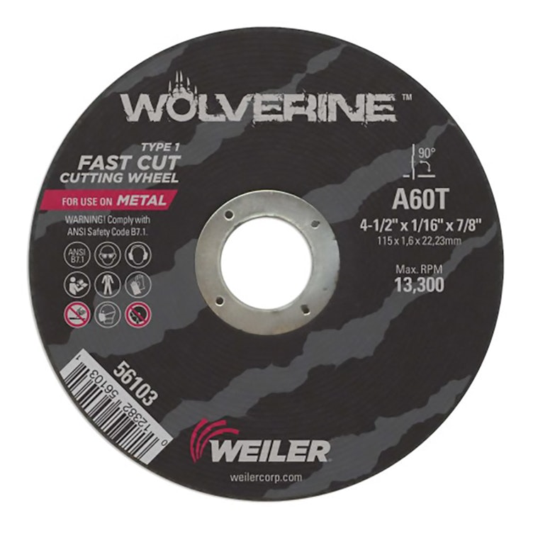 4-1/2" Dia. x 1/16" Thickness x 7/8" Arbor Hole Wolverine™ A60T  Fast Cut-Off Wheel - Type 1