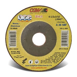 4-1/2" Dia. x 0.094" Thickness x 7/8" Arbor Hole 3-in-1 Cut/Grind/Finish Wheel - Type 27