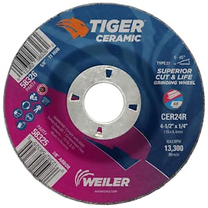 4-1/2" Dia. x 1/4" Thickness x 7/8" Arbor Hole Weiler® Tiger® Ceramic Grinding Wheel - Type 27