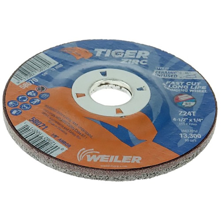4-1/2" Dia. x 1/4" Thickness x 7/8" Arbor Hole Weiler® Tiger® Zirconia Grinding Wheel - Type 27