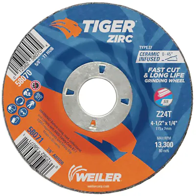 4-1/2" Dia. x 1/4" Thickness x 7/8" Arbor Hole Weiler® Tiger® Zirconia Grinding Wheel - Type 27