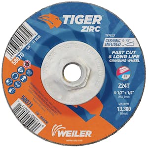 4-1/2" Dia. x 1/4" Thickness x 5/8"-11 Hub Weiler® Tiger® Zirconia Grinding Wheel - Type 27