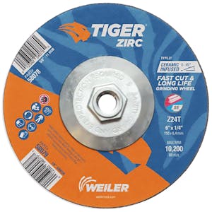 6" Dia. x 1/4" Thickness x 5/8"-11 Hub Weiler® Tiger® Zirconia Grinding Wheel - Type 27