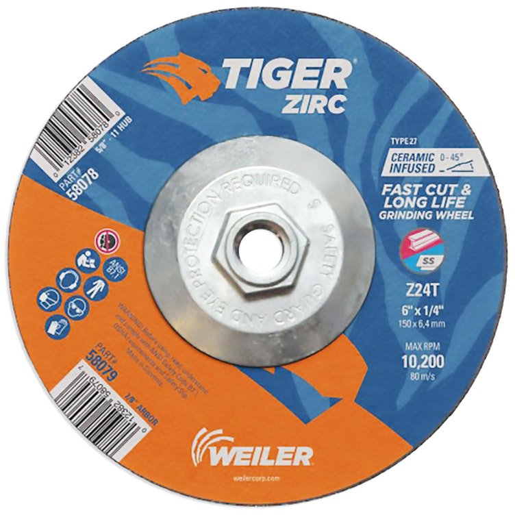 6" Dia. x 1/4" Thickness x 5/8"-11 Hub Weiler® Tiger® Zirconia Grinding Wheel - Type 27