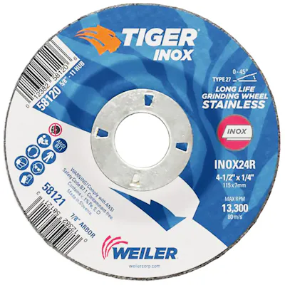 4-1/2" Dia. x 1/4" Thickness x 7/8" Arbor Hole Weiler® Tiger® Inox Grinding Wheel - Type 27