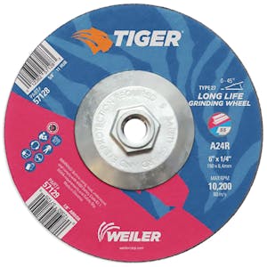 6" Dia. x 1/4" Thickness x 5/8"-11 Hub Weiler® Tiger® Premium Aluminum Oxide Grinding Wheel - Type 27