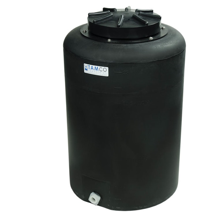 25 Gallon Tamco® Vertical Black PE Tank with 12-1/2" Lid & 3/4" Fitting - 19" Dia. x 29" Hgt.