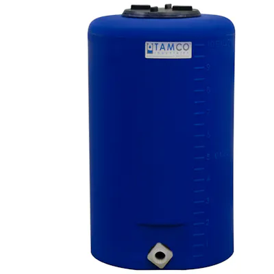 10 Gallon Tamco® Vertical Blue PE Tank with 5-1/2" Lid & 3/4" Fitting - 13" Dia. x 22" Hgt.