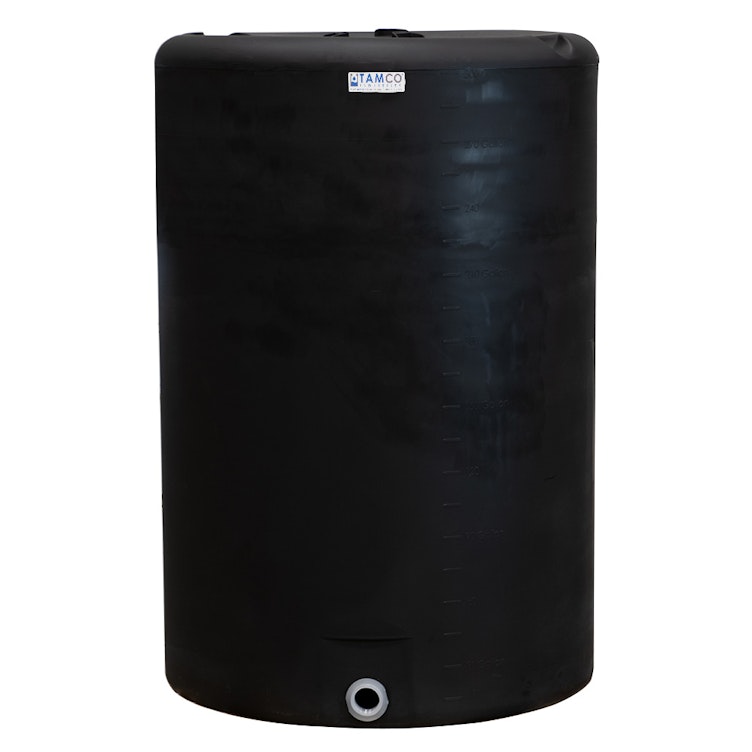300 Gallon Tamco® Vertical Black PE Tank with 8" Plain Lid & 2" Fitting - 40" Dia. x 61" Hgt.