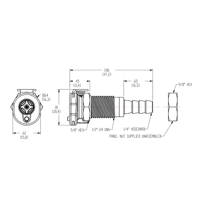 1/4" Hose Barb PMC Series Polypropylene Panel Mount Body - Shutoff (Insert Sold Separately)