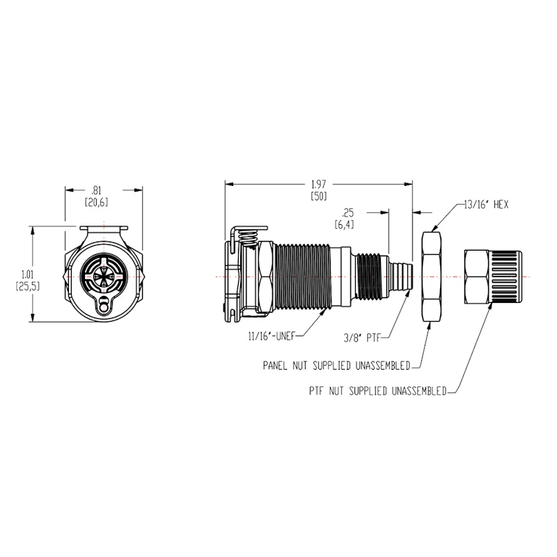 3/8" Ferruleless PTF PLC Series Polypropylene Panel Mount Body - Shutoff (Insert Sold Separately)