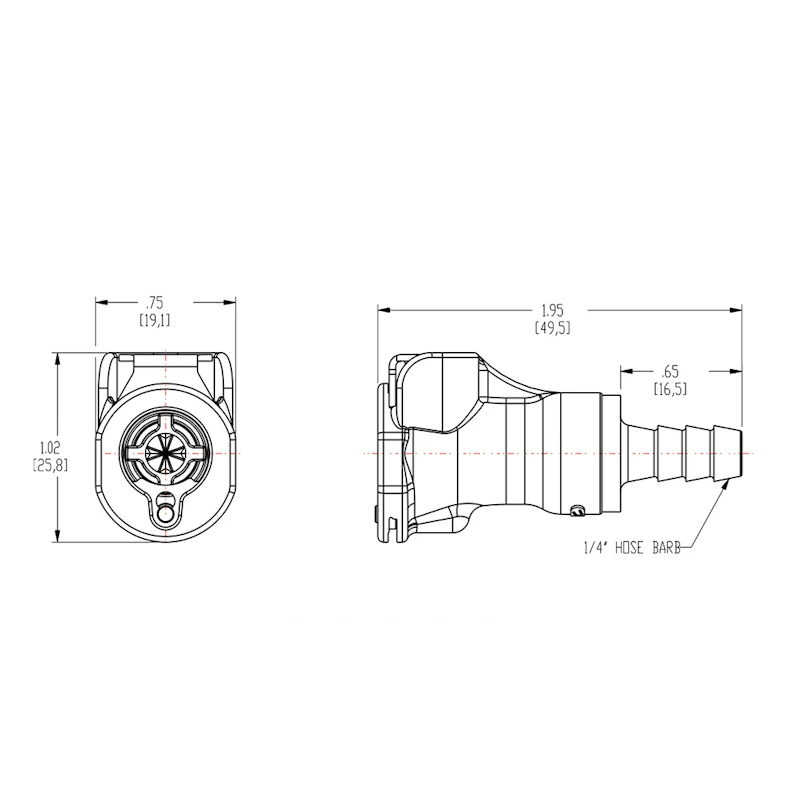 1/4" In-Line Hose Barb PLC Series Polypropylene Body - Shutoff (Insert Sold Separately)