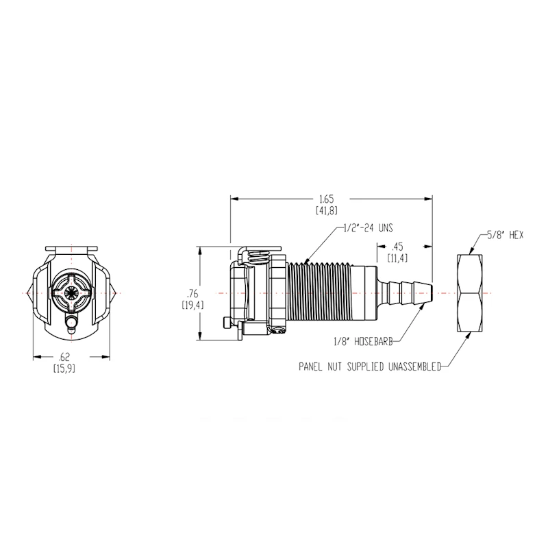 1/8" Hose Barb PMC Series Acetal Panel Mount Body - Shutoff (Insert Sold Separately)