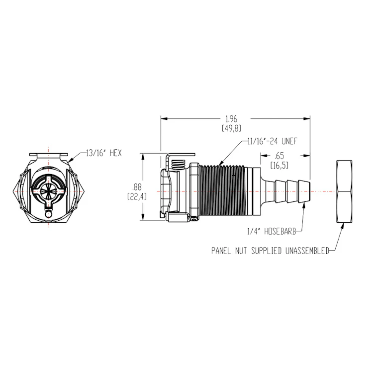 1/4" Hose Barb PLC Series Acetal Panel Mount Body - Shutoff (Insert Sold Separately)