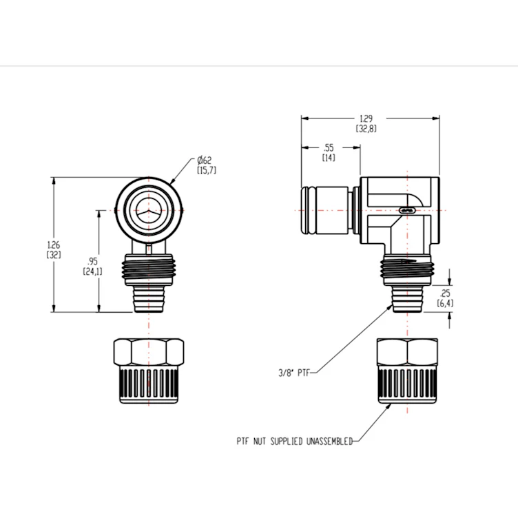 3/8" Ferruleless PTF PLC Series Polypropylene Elbow Insert - Straight Thru (Body Sold Separately)