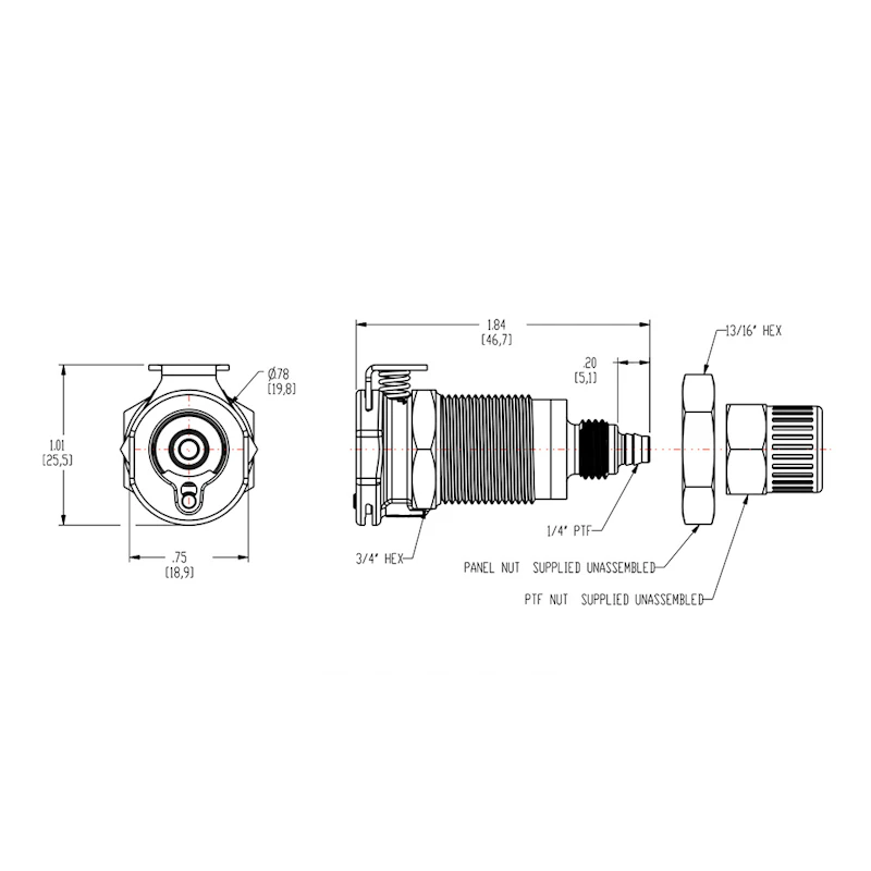 1/4" Ferruleless PTF PLC Series Acetal Panel Mount Body - Straight Thru (Insert Sold Separately)