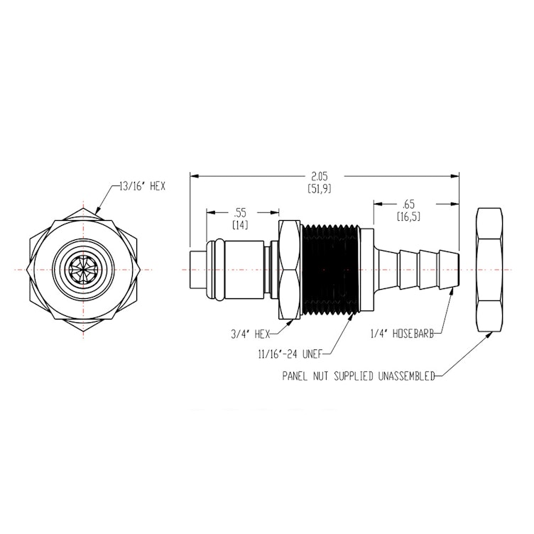 1/4" Hose Barb PLC Series Polypropylene Panel Mount Insert - Shutoff (Body Sold Separately)
