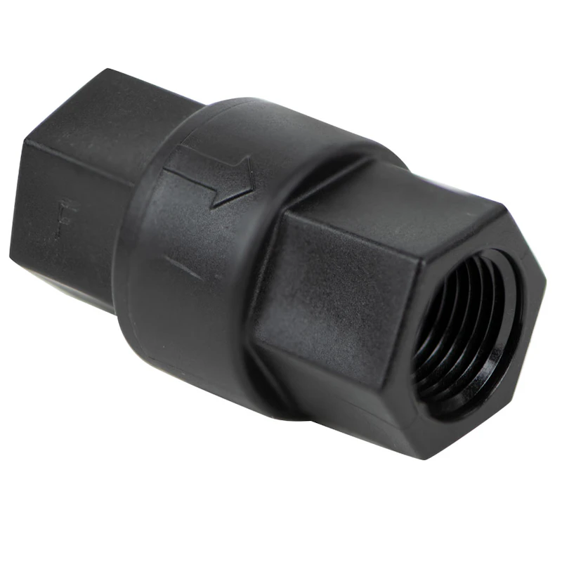 3/8" FNPT x 3/8" FNPT Series 693 Black Polypropylene Check Valve with FKM Seals, 1/3 psi Cracking Pressure & Hastelloy® Spring