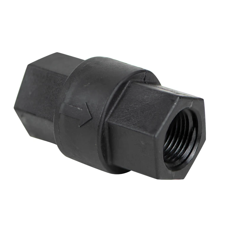 3/8" FNPT x 3/8" FNPT Series 693 Black Polypropylene Check Valve with FKM Seals, 1/3 psi Cracking Pressure & 302 SS Spring