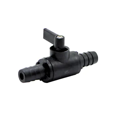 3/8" Hose Barb x 3/8" Hose Barb Black Polypropylene Series 226 Two-Way Ball Valve with Buna-N Seals