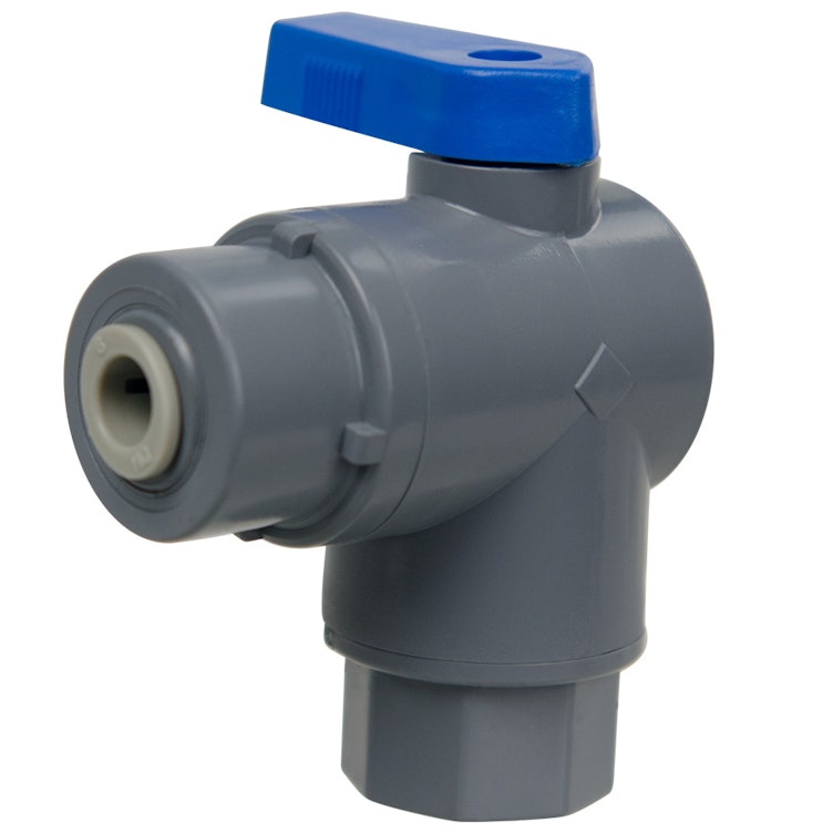 1/4" FNPT x 1/4" OD Tube J. Guest Series 657 Right Angle PVC Ball Valve with Buna-N Seal